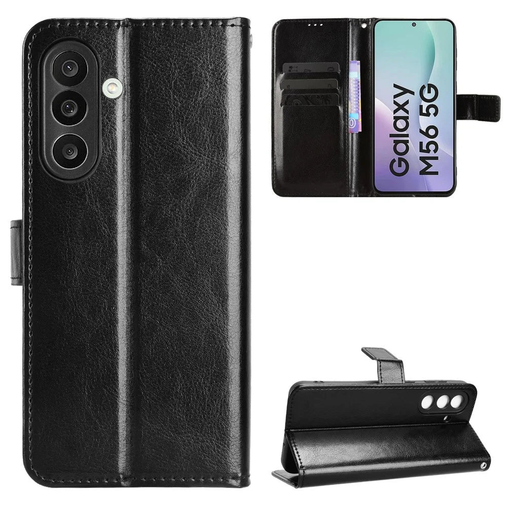 For Samsung Galaxy F56 5G / M56 5G PU Leather Case with Strap Crazy Horse Texture Phone Wallet Cover - Black - 1