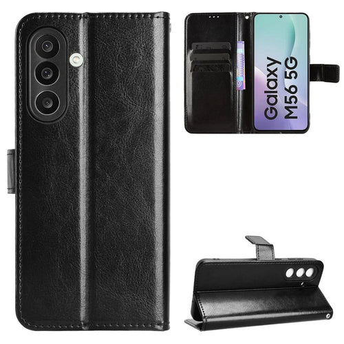 For Samsung Galaxy F56 5G / M56 5G PU Leather Case with Strap Crazy Horse Texture Phone Wallet Cover - Black - 1