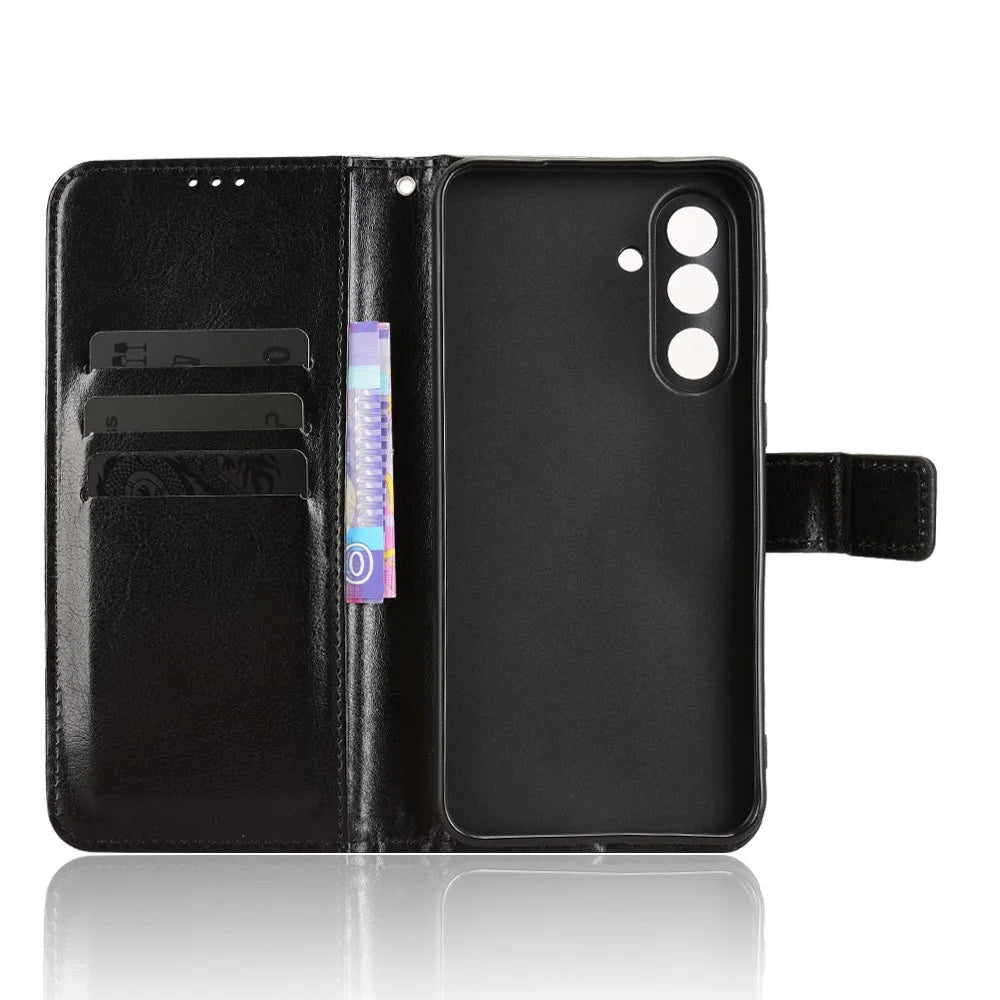 For Samsung Galaxy F56 5G / M56 5G PU Leather Case with Strap Crazy Horse Texture Phone Wallet Cover - Black - 4