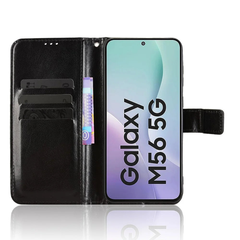 For Samsung Galaxy F56 5G / M56 5G PU Leather Case with Strap Crazy Horse Texture Phone Wallet Cover - Black - 5