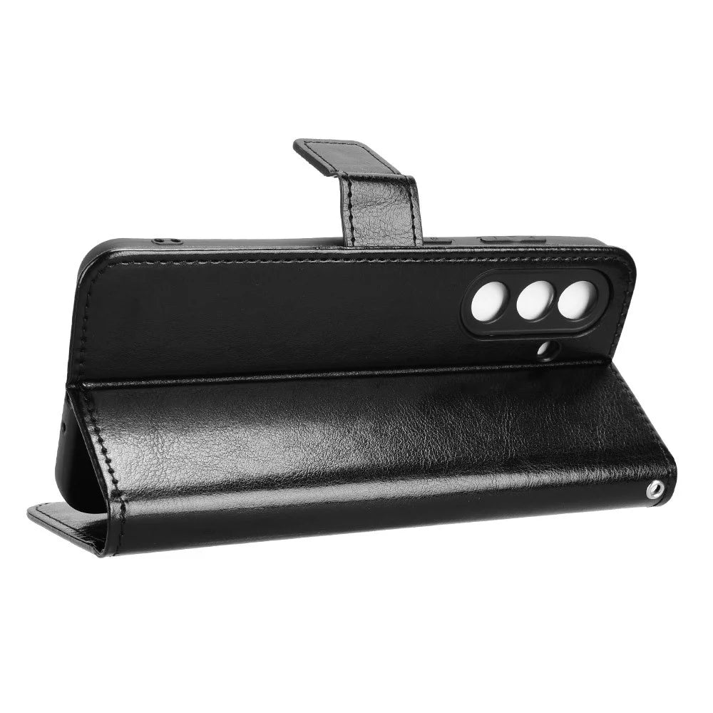 For Samsung Galaxy F56 5G / M56 5G PU Leather Case with Strap Crazy Horse Texture Phone Wallet Cover - Black - 6