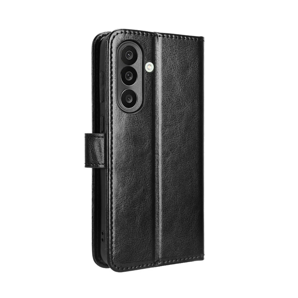 For Samsung Galaxy F56 5G / M56 5G PU Leather Case with Strap Crazy Horse Texture Phone Wallet Cover - Black - 7