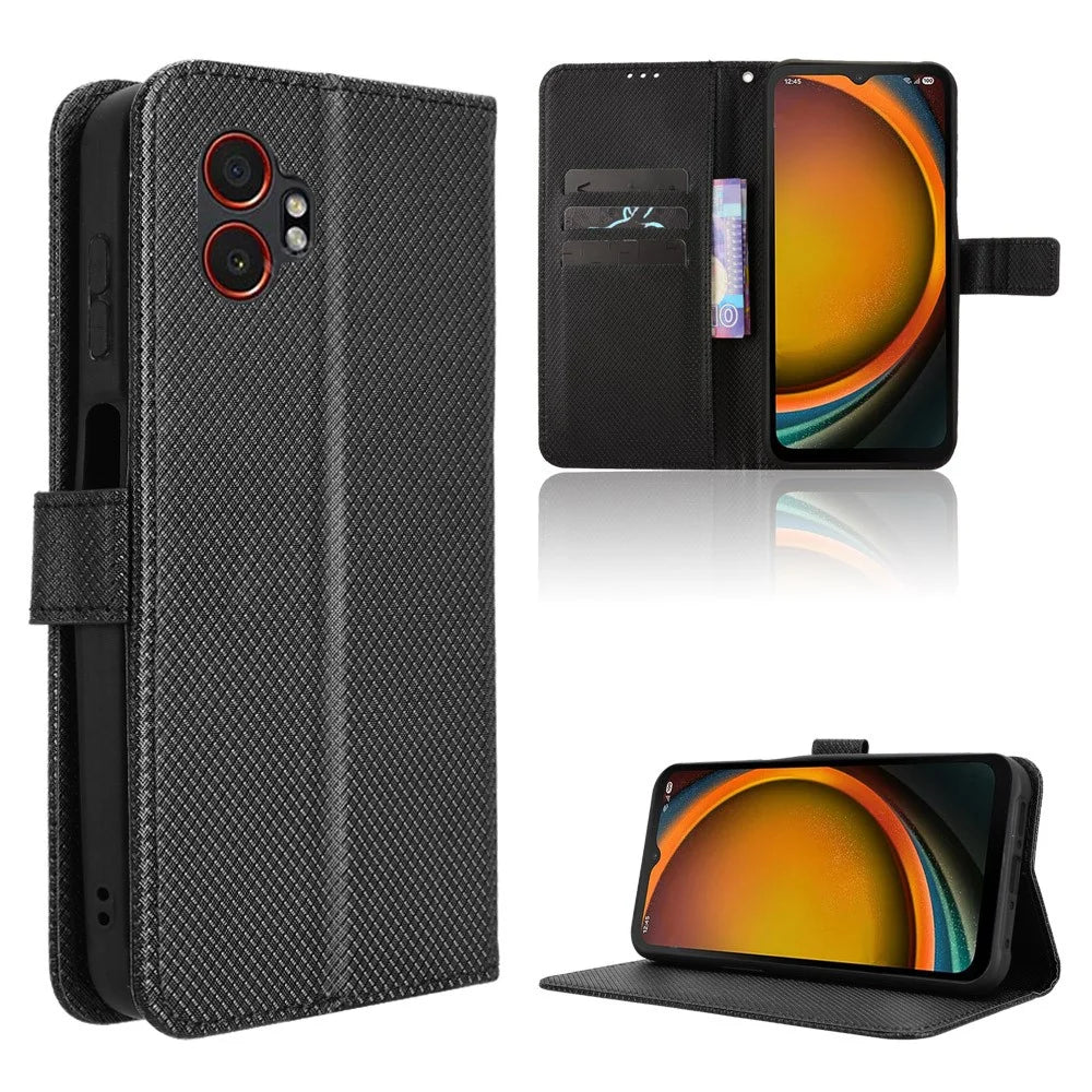 For Samsung Galaxy XCover7 Pro Leather Wallet Case with Strap Diamond Texture Phone Cover - Black - 1