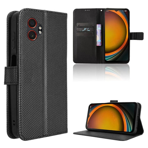 For Samsung Galaxy XCover7 Pro Leather Wallet Case with Strap Diamond Texture Phone Cover - Black - 1
