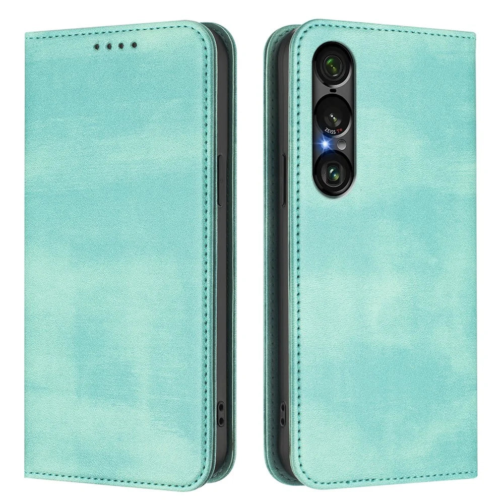 For Sony Xperia 1 VII Wallet Cases Retro Texture RFID Blocking Leather Phone Cover - Mint Green - 1