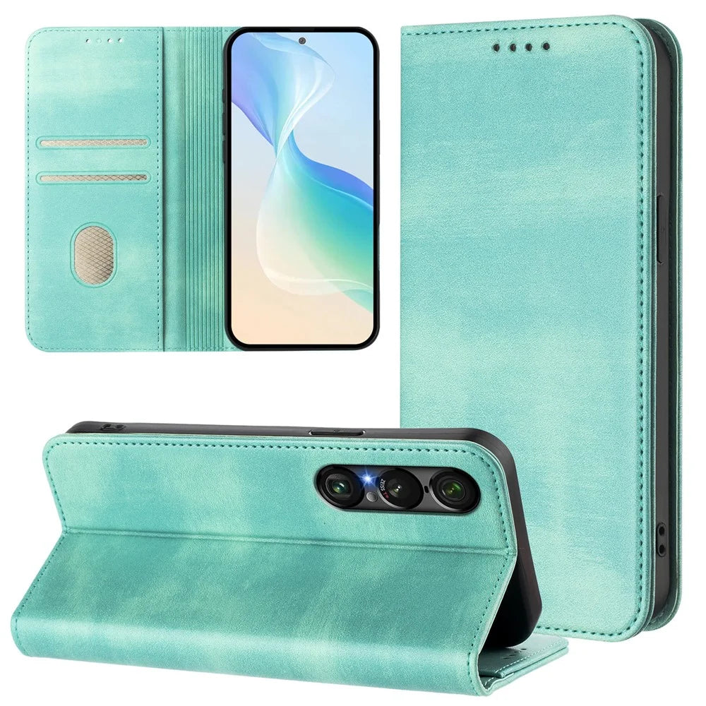 For Sony Xperia 1 VII Wallet Cases Retro Texture RFID Blocking Leather Phone Cover - Mint Green - 3