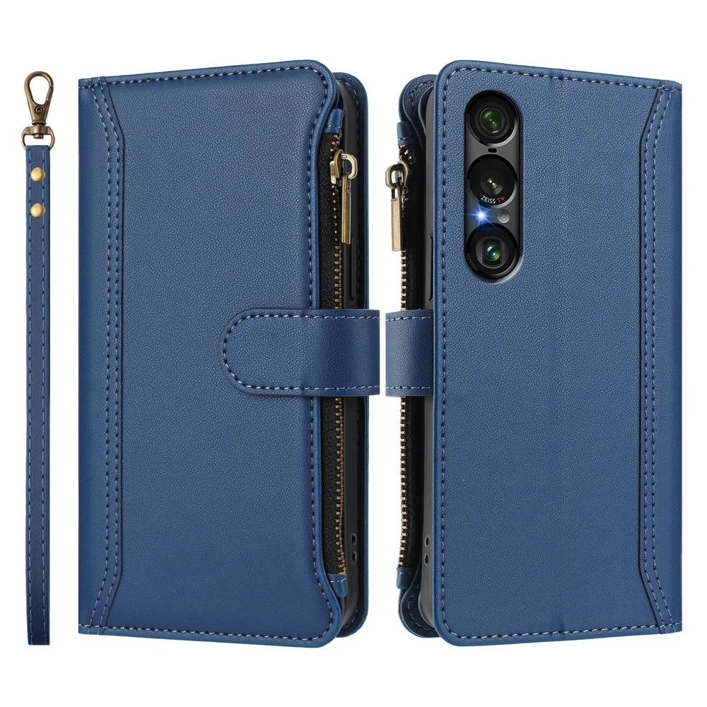For Sony Xperia 1 VII Leather Case 9 Card Slots Zipper Wallet Stand Phone Cover with Wrist Strap - Dark Blue - 3