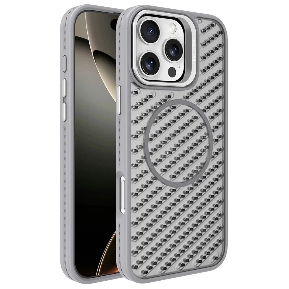 For iPhone 16 Pro Max Magnetic Case PC TPU Back Cover Hollow Design with Lens Kickstand - Grey - 1