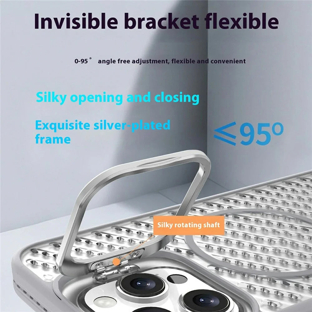 For iPhone 16 Pro Max Magnetic Case PC TPU Back Cover Hollow Design with Lens Kickstand - Grey - 2