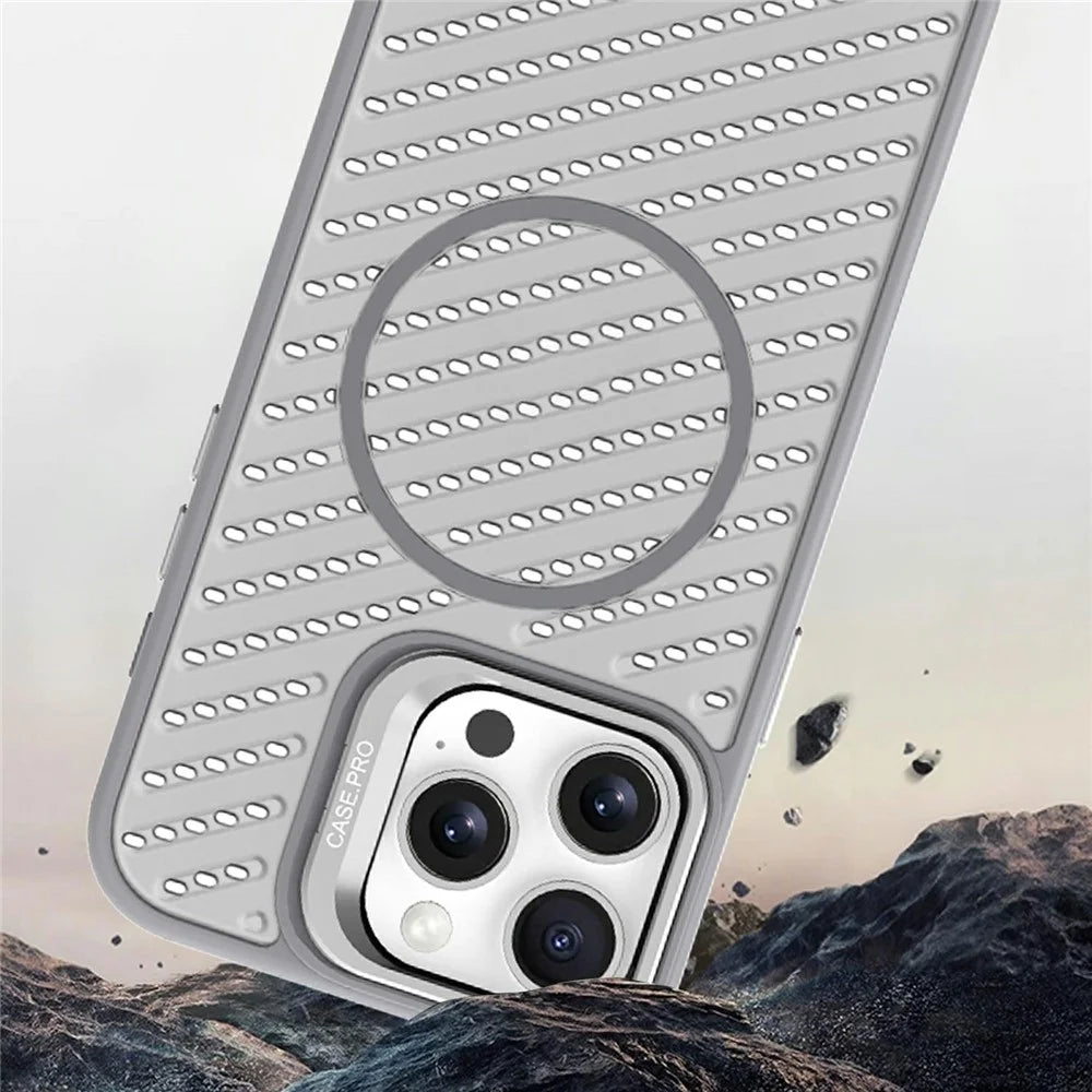 For iPhone 16 Pro Max Magnetic Case PC TPU Back Cover Hollow Design with Lens Kickstand - Grey - 7