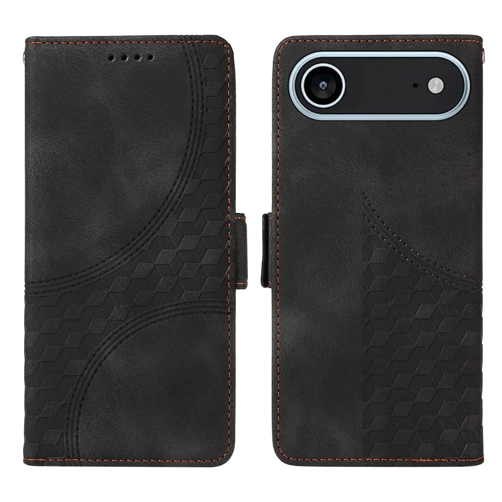 For iPhone Air Leather Cases Wallet Rhombus Imprinted Phone Cover Stand with Strap - Black - 1