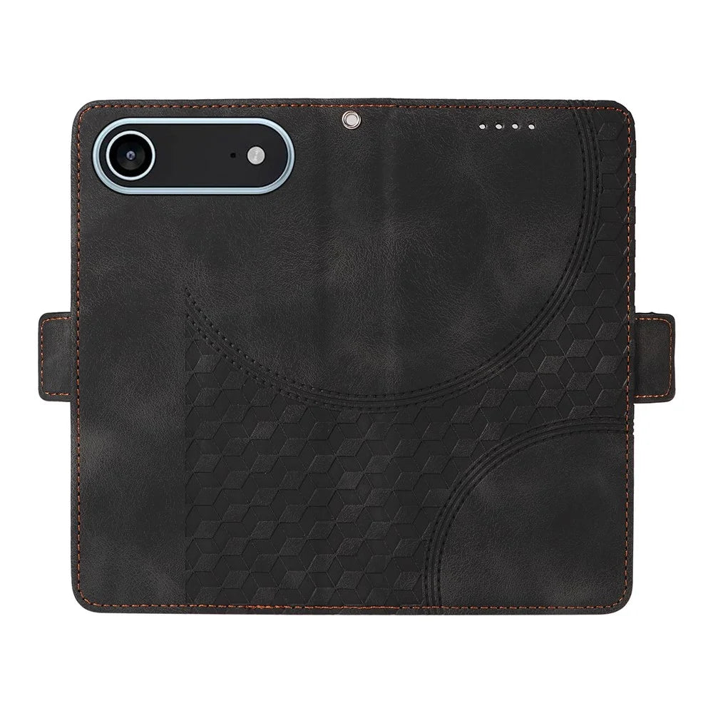 For iPhone Air Leather Cases Wallet Rhombus Imprinted Phone Cover Stand with Strap - Black - 2