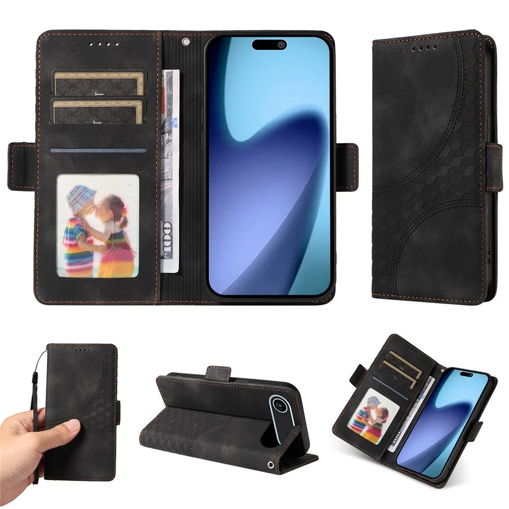 For iPhone Air Leather Cases Wallet Rhombus Imprinted Phone Cover Stand with Strap - Black - 3