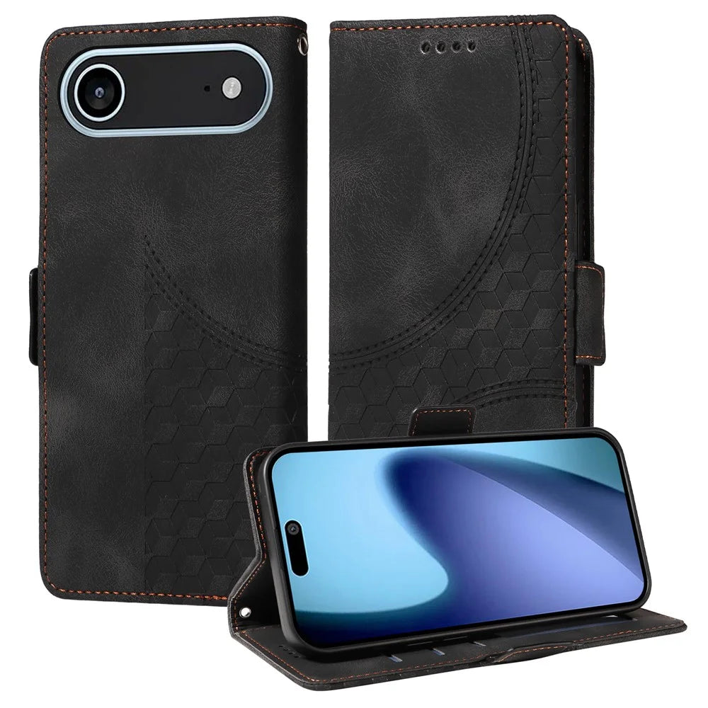 For iPhone Air Leather Cases Wallet Rhombus Imprinted Phone Cover Stand with Strap - Black - 4