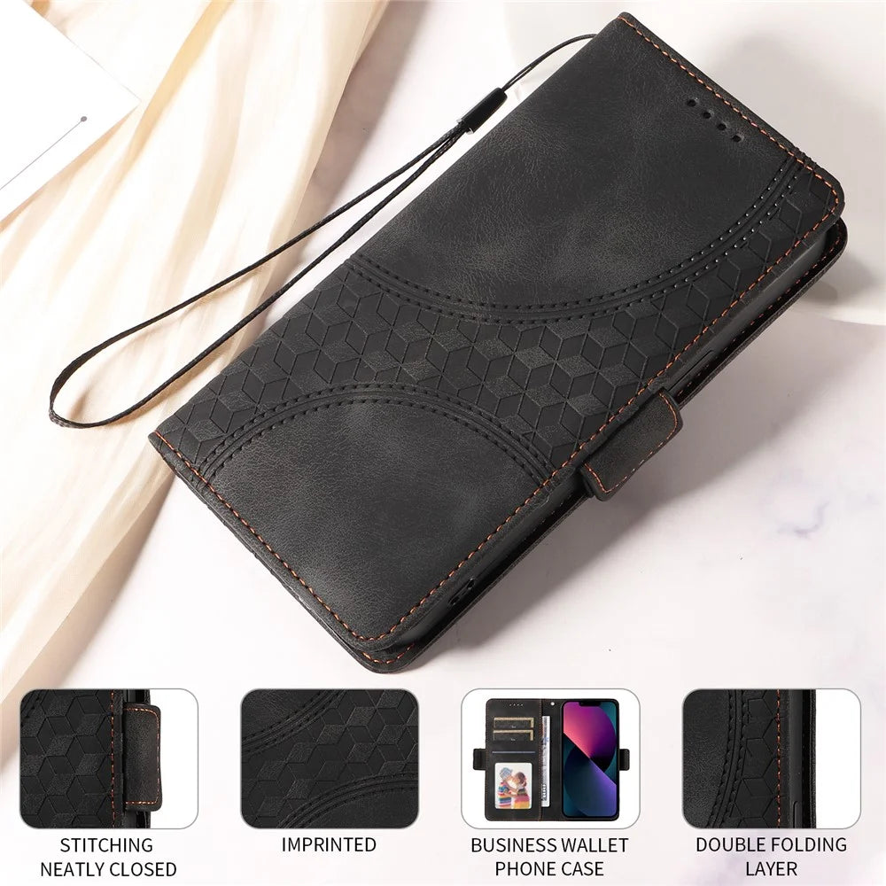 For iPhone Air Leather Cases Wallet Rhombus Imprinted Phone Cover Stand with Strap - Black - 5