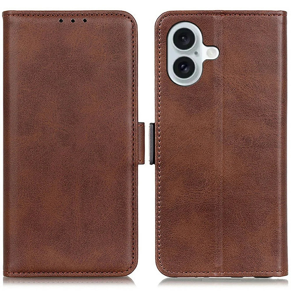 For iPhone 17 Case Stand Cowhide Texture PU Leather Phone Cover - Brown - 1
