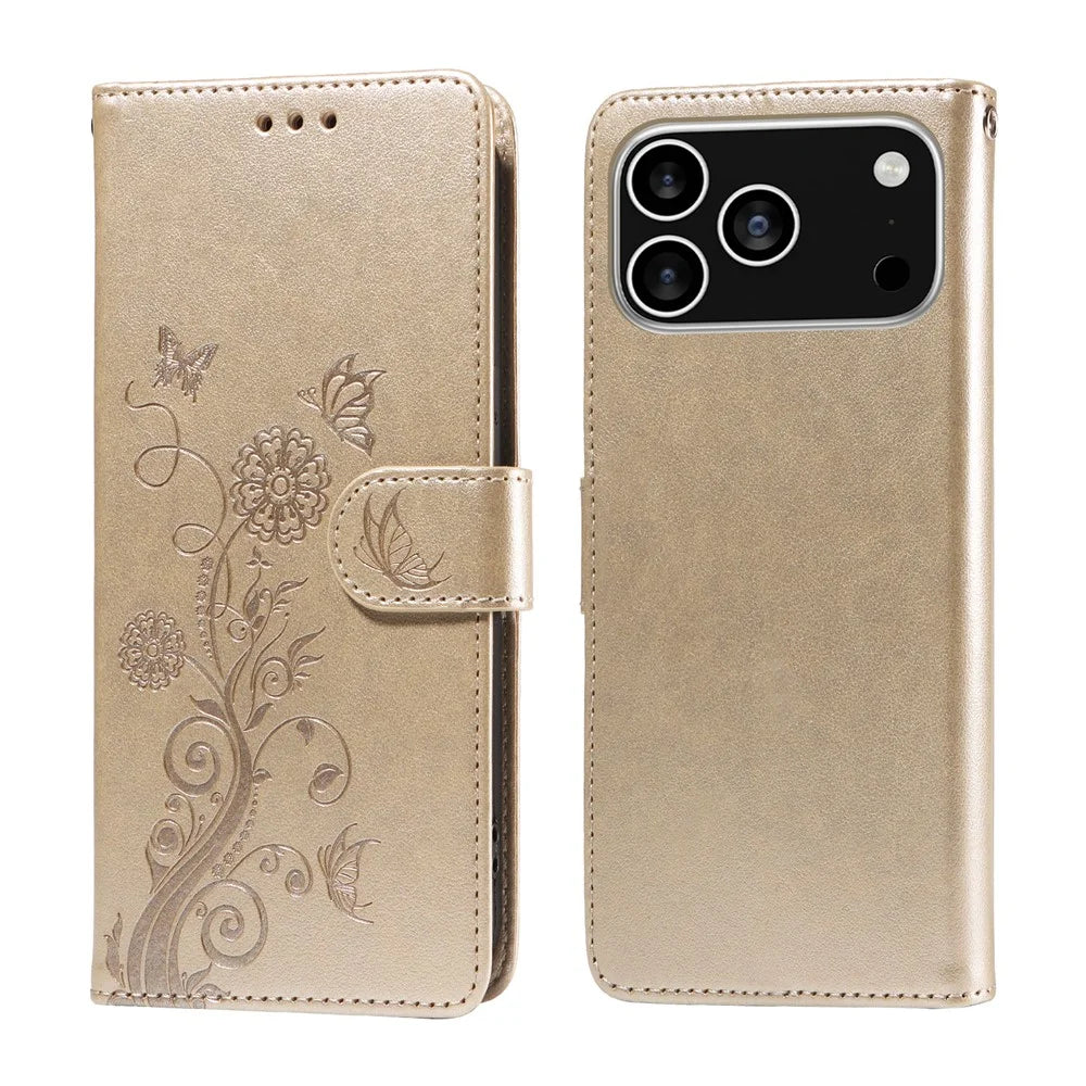 For iPhone 18 Pro / 17 Pro Leather Case Butterfly Floral Imprint Wallet Stand Cover - Golden - 1