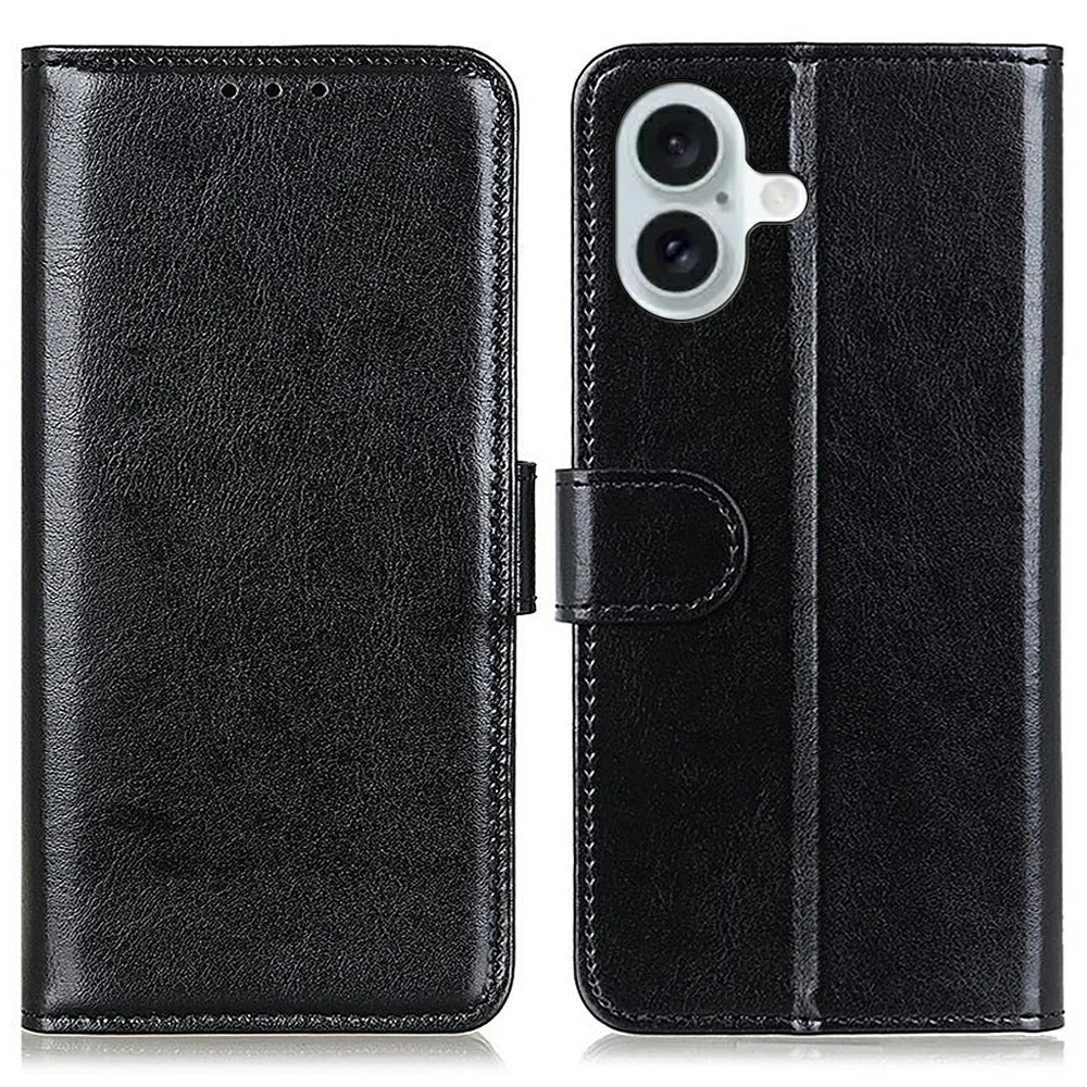 For iPhone 17 Case Crazy Horse Texture PU Leather Phone Stand Cover - Black - 1