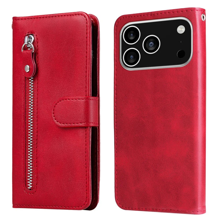 For iPhone 18 Pro / 17 Pro PU Leather Cases with Zipper Pocket Wallet Phone Cover Stand - Red - 1