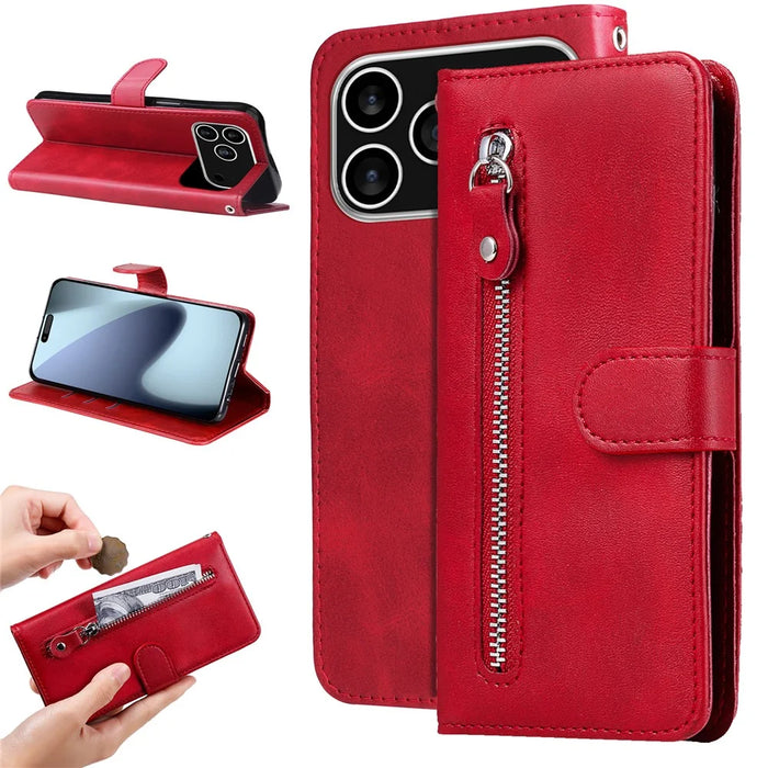 For iPhone 18 Pro / 17 Pro PU Leather Cases with Zipper Pocket Wallet Phone Cover Stand - Red - 2