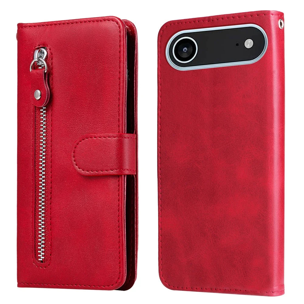 For iPhone Air PU Leather Cases with Zipper Pocket Wallet Phone Cover Stand - Red - 1