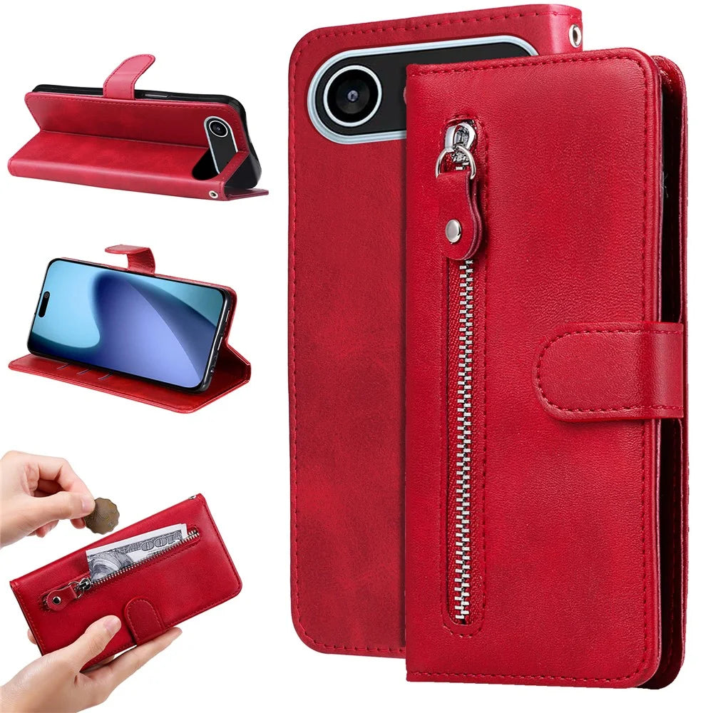 For iPhone Air PU Leather Cases with Zipper Pocket Wallet Phone Cover Stand - Red - 2