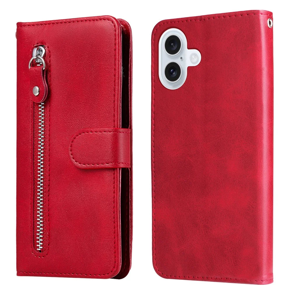 For iPhone 17 PU Leather Cases with Zipper Pocket Wallet Phone Cover Stand - Red - 1