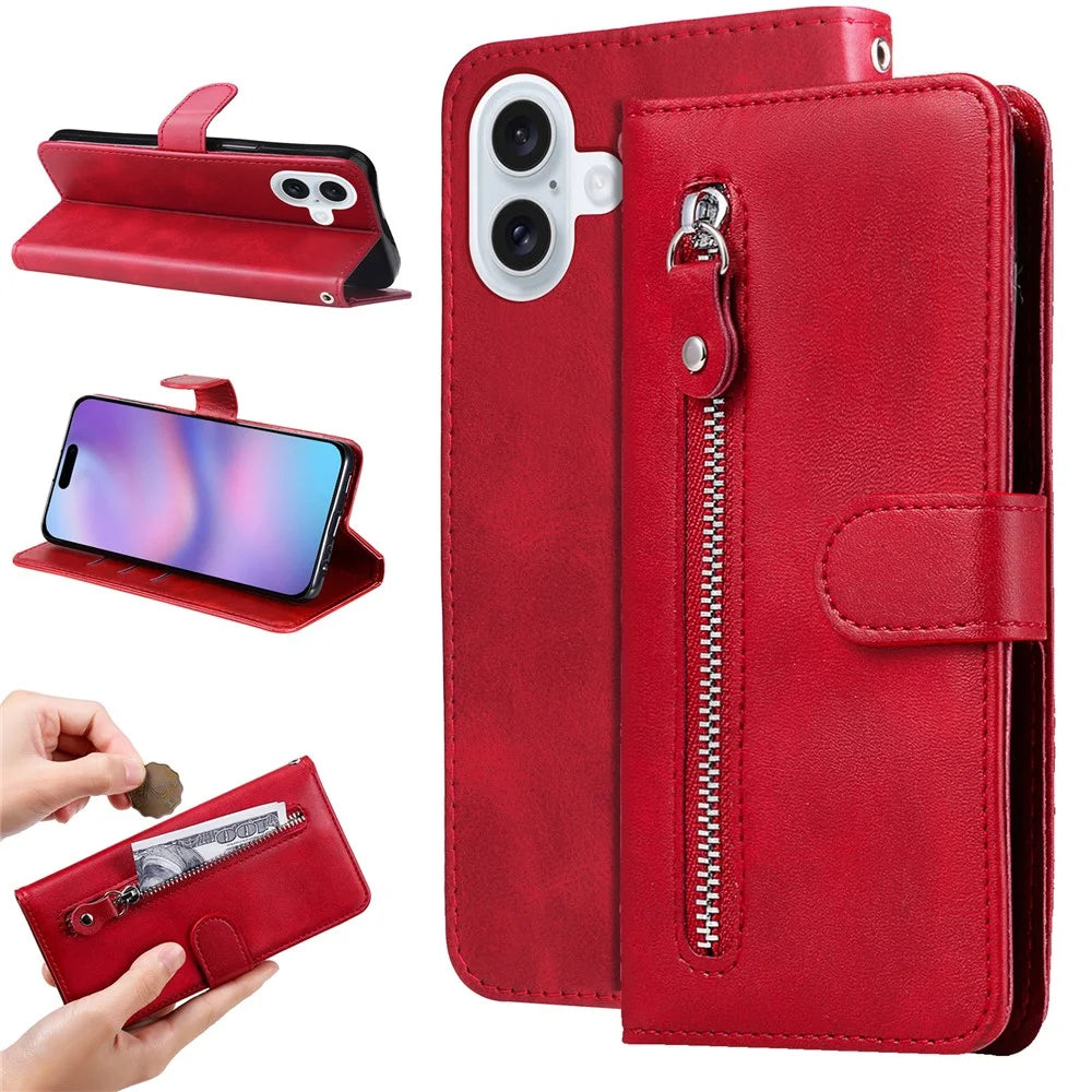 For iPhone 17 PU Leather Cases with Zipper Pocket Wallet Phone Cover Stand - Red - 2