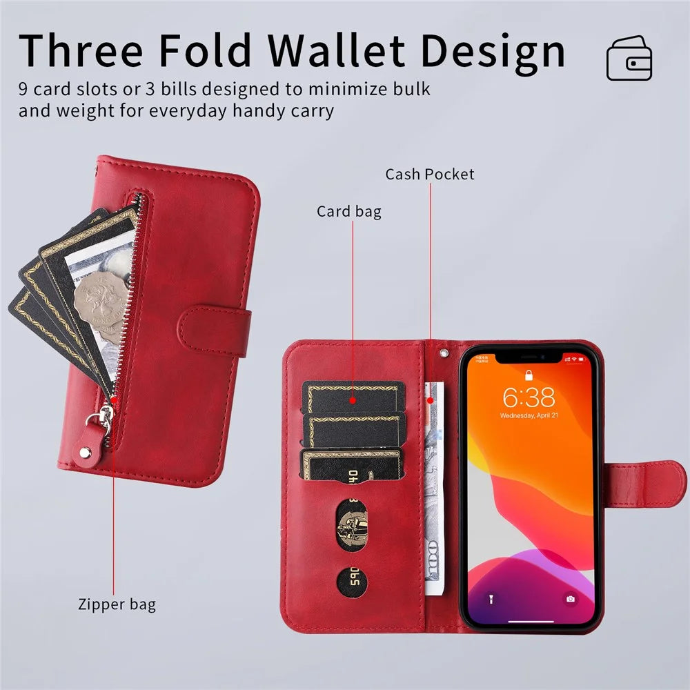 For iPhone 17 PU Leather Cases with Zipper Pocket Wallet Phone Cover Stand - Red - 7