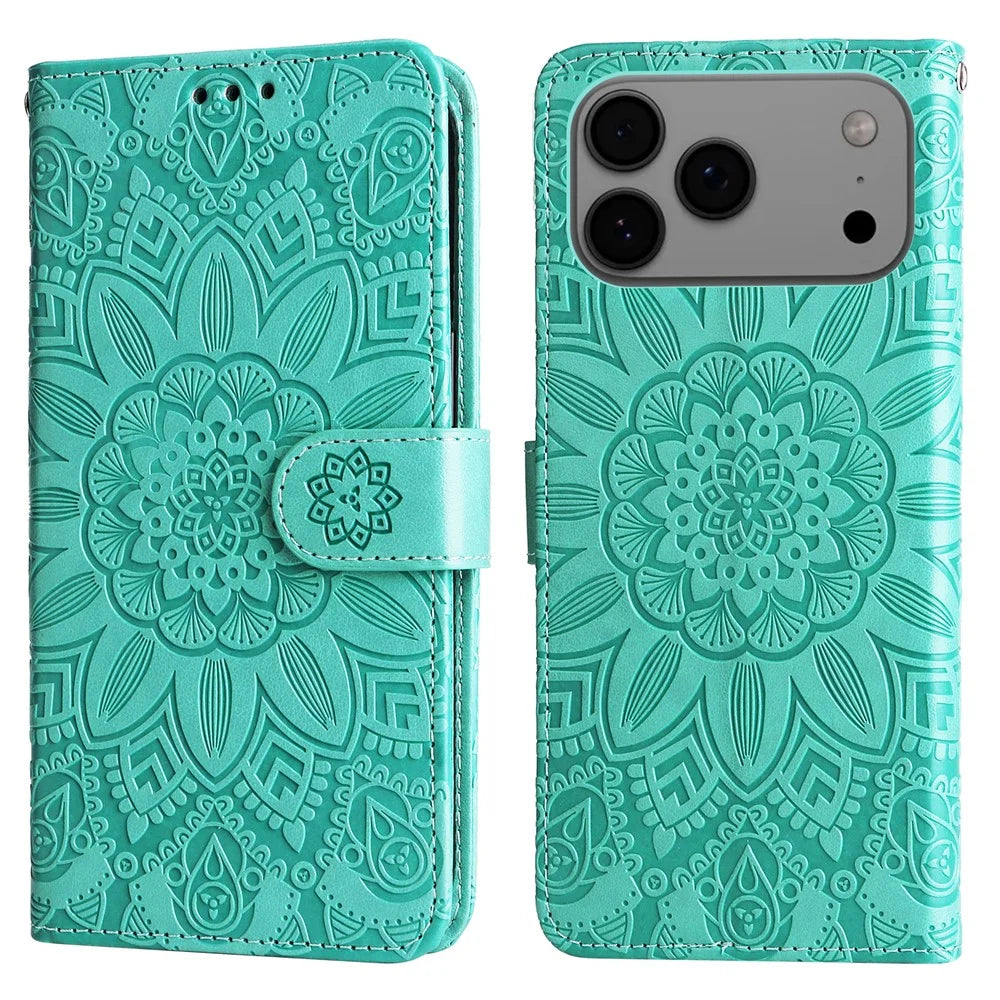 For iPhone 18 Pro / 17 Pro Max Case Sunflower Imprint Leather Wallet Phone Cover - Green - 1
