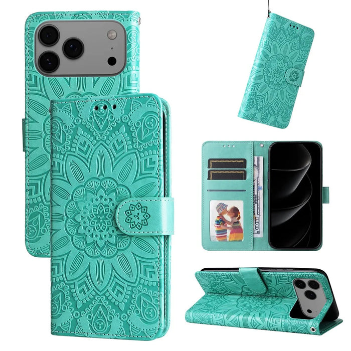 For iPhone 18 Pro / 17 Pro Max Case Sunflower Imprint Leather Wallet Phone Cover - Green - 2