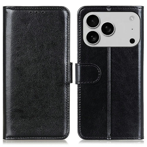 For iPhone 18 Pro / 17 Pro Case Crazy Horse Texture PU Leather Phone Stand Cover - Black - 1