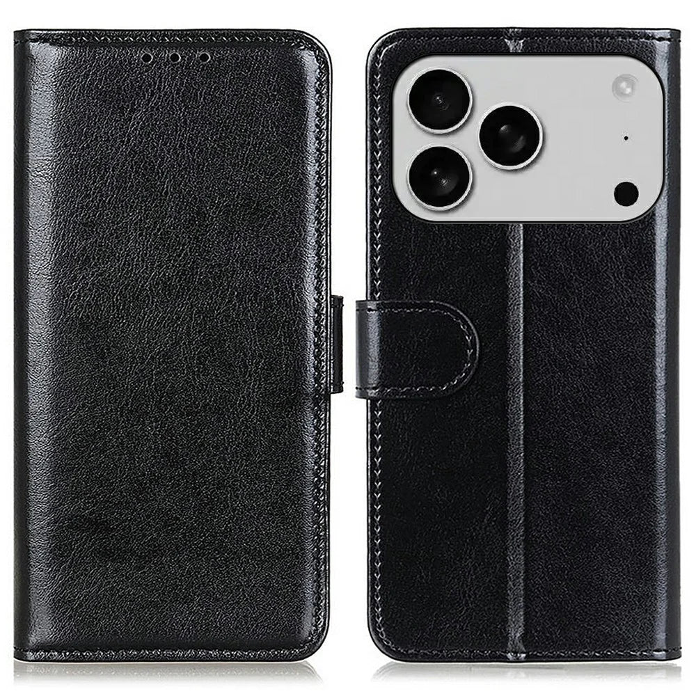 For iPhone 18 Pro / 17 Pro Case Crazy Horse Texture PU Leather Phone Stand Cover - Black - 1