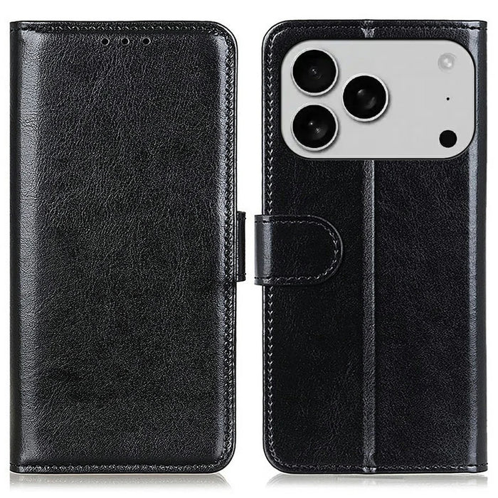 For iPhone 18 Pro / 17 Pro Case Crazy Horse Texture PU Leather Phone Stand Cover - Black - 1
