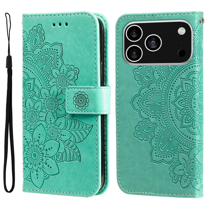 For iPhone 18 Pro / 17 Pro Case Floral Pattern PU Leather Wallet Stand Phone Cover - Green - 1