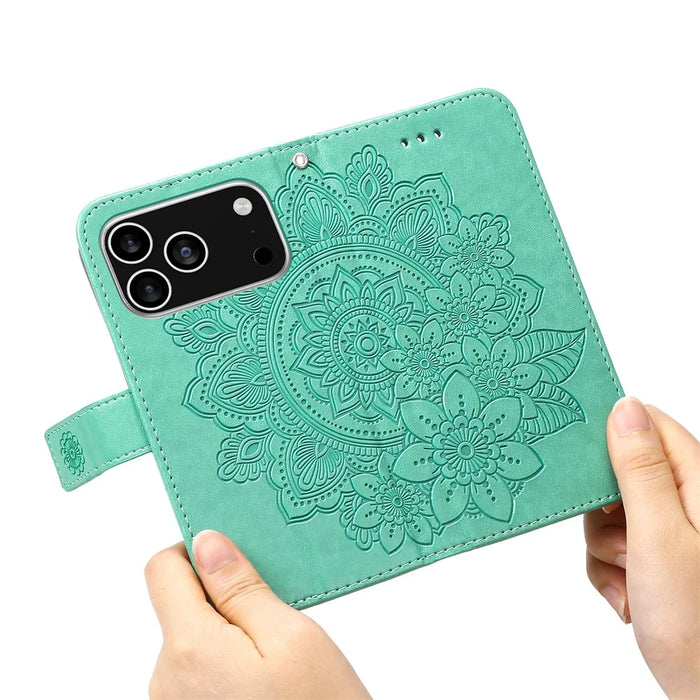 For iPhone 18 Pro / 17 Pro Case Floral Pattern PU Leather Wallet Stand Phone Cover - Green - 2