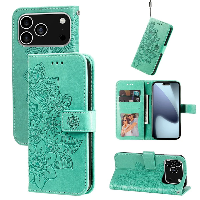 For iPhone 18 Pro / 17 Pro Case Floral Pattern PU Leather Wallet Stand Phone Cover - Green - 3