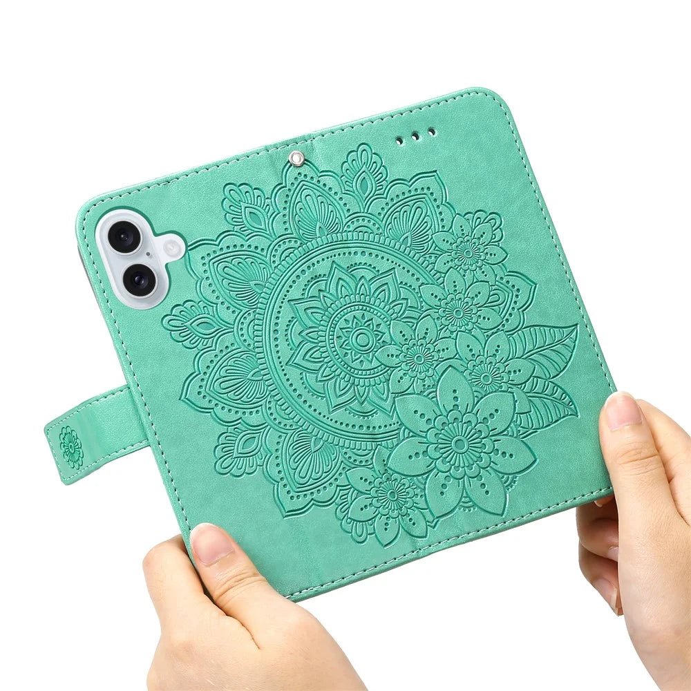 For iPhone 17 Case Floral Pattern PU Leather Wallet Stand Phone Cover - Green - 2