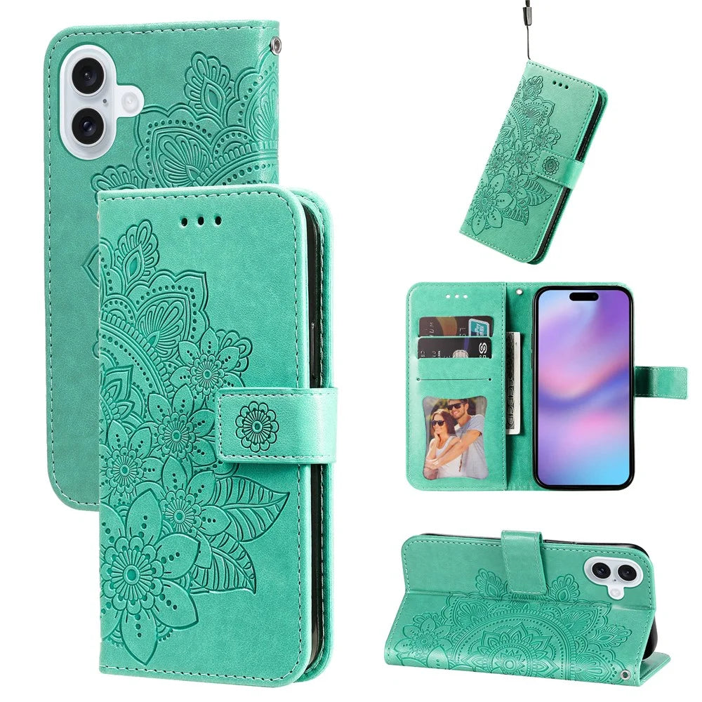 For iPhone 17 Case Floral Pattern PU Leather Wallet Stand Phone Cover - Green - 3