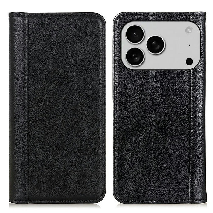 For iPhone 18 Pro / 17 Pro Stand Case Split Leather Litchi Texture Wallet Phone Cover - Black - 1