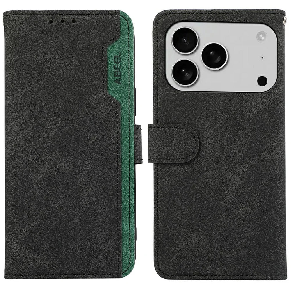 ABEEL For iPhone 18 Pro / 17 Pro Case Color Splicing Leather Flip Phone Cover RFID Blocking - Black - 1