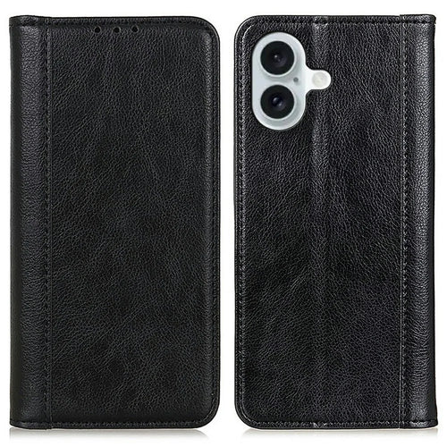 For iPhone 17 Stand Case Split Leather Litchi Texture Wallet Phone Cover - Black - 1