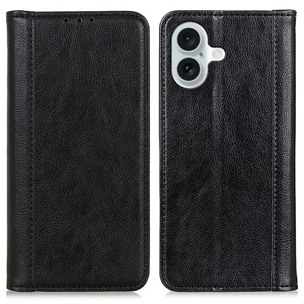 For iPhone 17 Stand Case Split Leather Litchi Texture Wallet Phone Cover - Black - 1