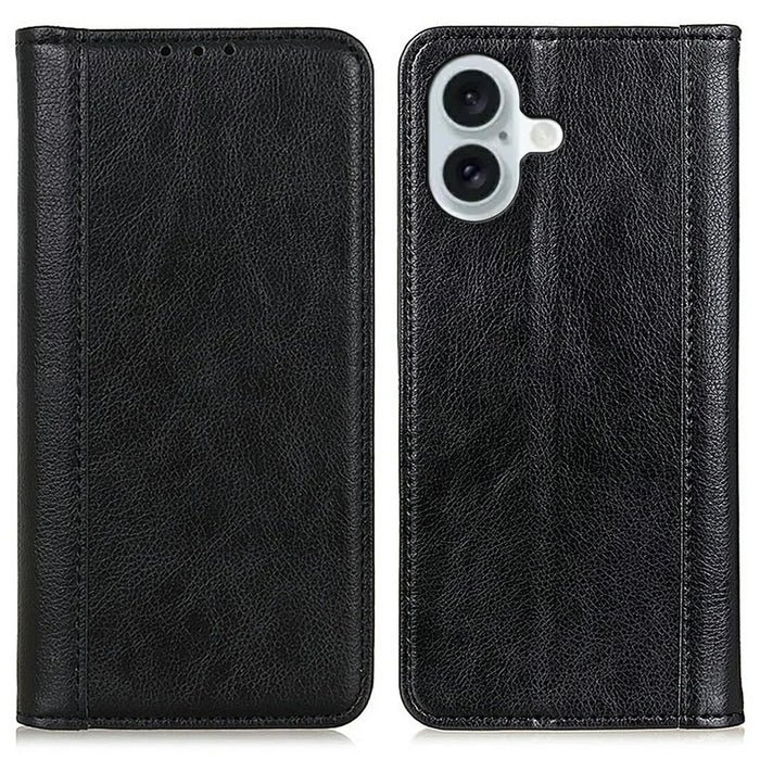 For iPhone 17 Stand Case Split Leather Litchi Texture Wallet Phone Cover - Black - 1