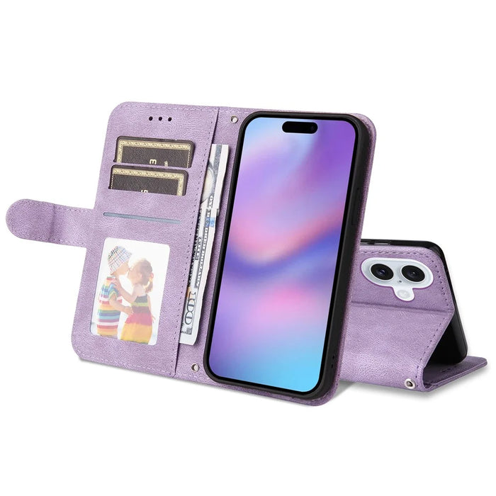 For iPhone 17 Leather Wallet Cases Skin Touch Phone Cover Stand with Strap - Purple - 3