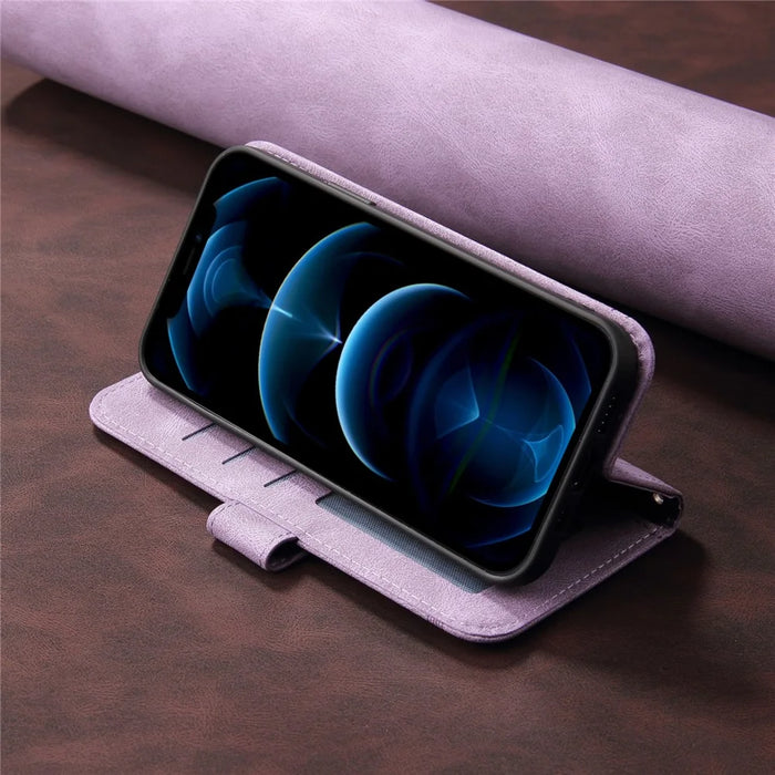 For iPhone 17 Leather Wallet Cases Skin Touch Phone Cover Stand with Strap - Purple - 7