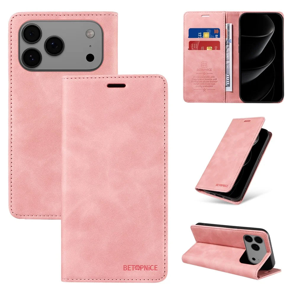 BETOPNICE For iPhone 18 Pro Max / 17 Pro Max Case  Magnetic Closure RFID Blocking Wallet Stand Leather Phone Cover - Pink - 3