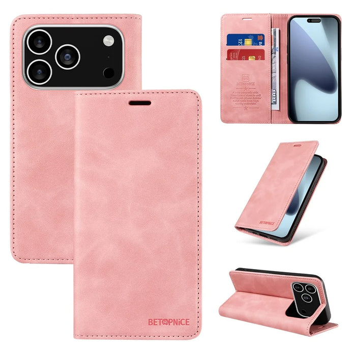 BETOPNICE For iPhone 18 Pro / 17 Pro Case  Magnetic Closure RFID Blocking Wallet Stand Leather Phone Cover - Pink - 3