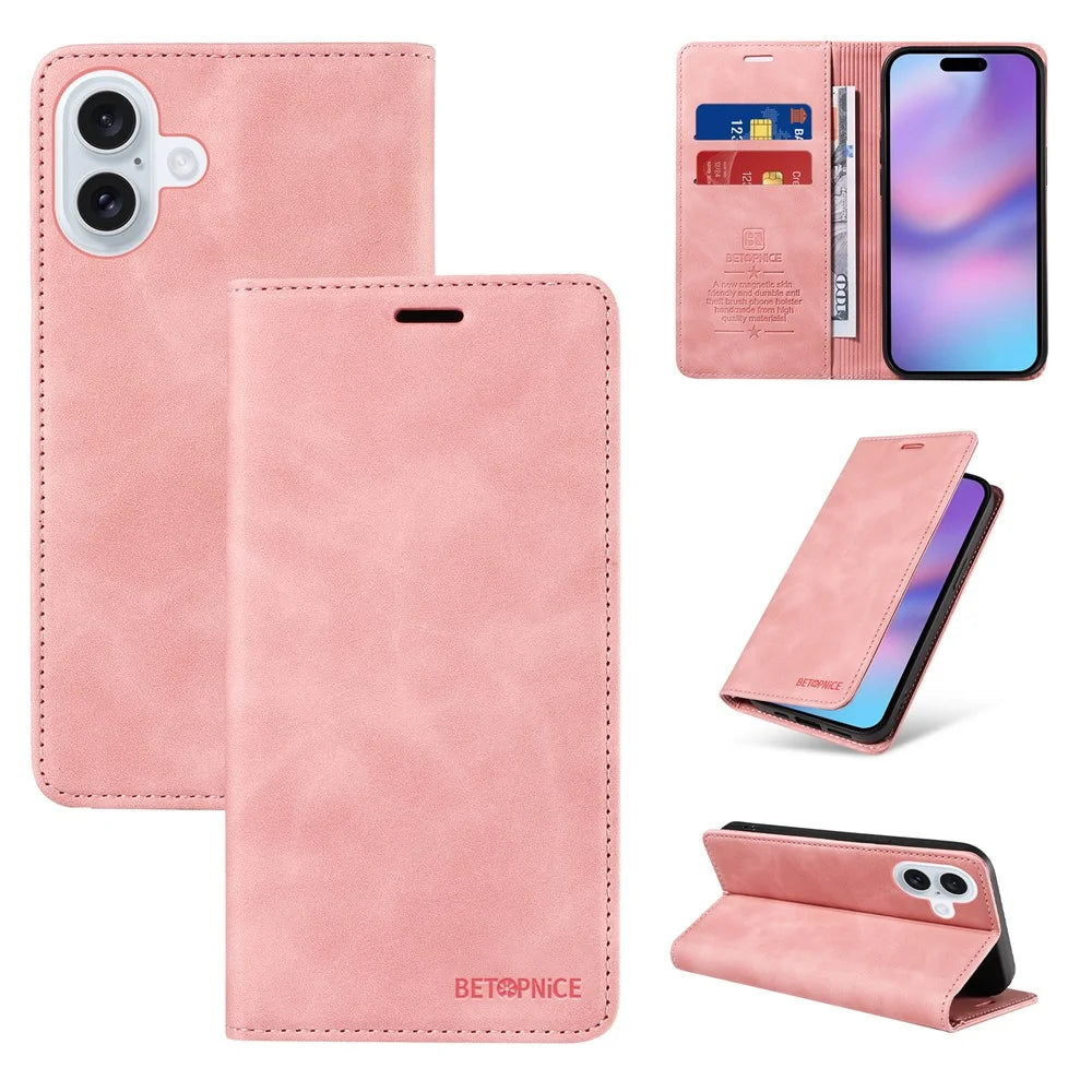 BETOPNICE For iPhone 17 Case  Magnetic Closure RFID Blocking Wallet Stand Leather Phone Cover - Pink - 3