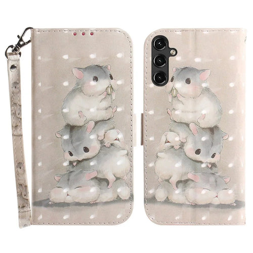 For Samsung Galaxy A14 5G / A14 4G Cover 3D Pattern PU Leather Stand Case with Strap - Stacking Squirrels - 1